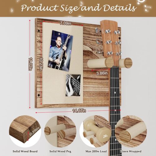 Emfogo 2 Pack Guitar Wall Mount with Memo Board - Wooden Guitar Hanger for Acoustic, Electric Guitars & Ukuleles, Display Photos & Concert Tickets, Rustic Music Wall Decor