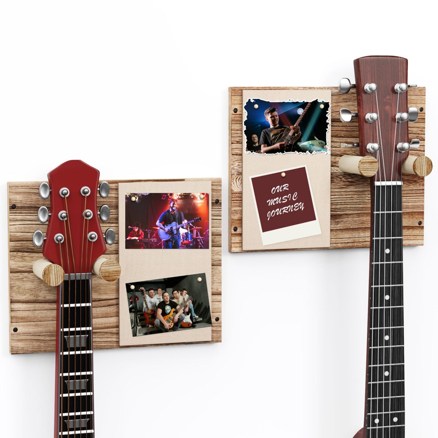 Emfogo 2 Pack Guitar Wall Mount with Memo Board - Wooden Guitar Hanger for Acoustic, Electric Guitars & Ukuleles, Display Photos & Concert Tickets, Rustic Music Wall Decor