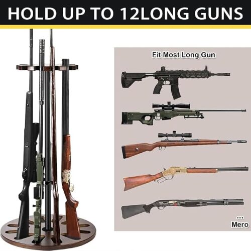 Yoimori Indoor Gun Racks, Rotating Gun Rifle Rack Stand, Heavy Solid Wood Gun Storage-Holds up to 12 Guns Display Brown - Brown