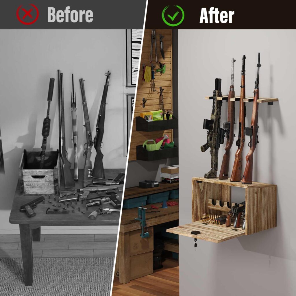 Emfogo Gun Rack Wall Mount, Wooden Rifle Racks with Gun Rack for Wall, Gun Display Racks for Indoor Firearms Storage, Holds up to 4 Long Guns and 6 Handguns, Gifts for Husband, Dad