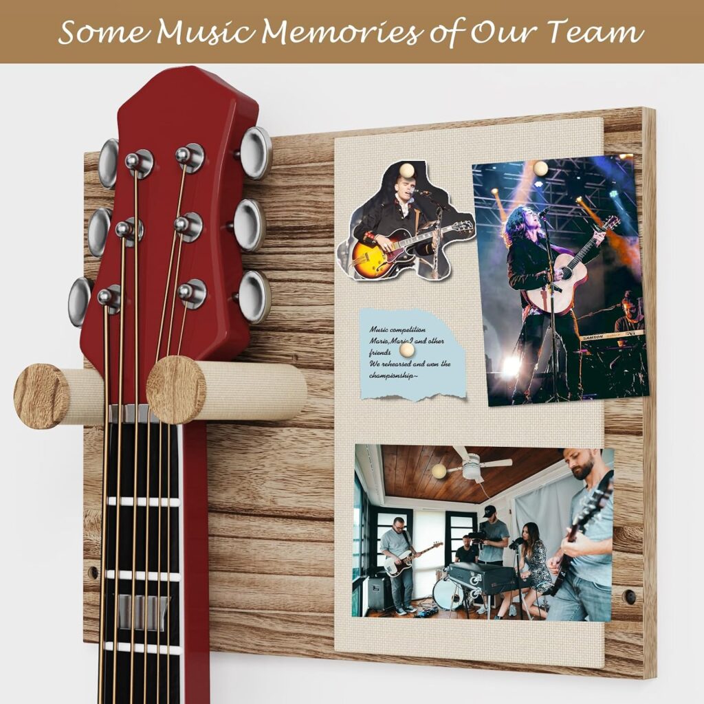 Emfogo 2 Pack Guitar Wall Mount with Memo Board - Wooden Guitar Hanger for Acoustic, Electric Guitars & Ukuleles, Display Photos & Concert Tickets, Rustic Music Wall Decor