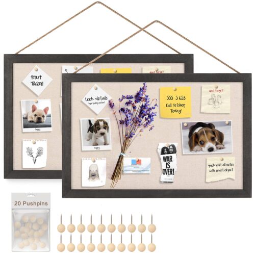 Emfogo 2-Pack Cork Board with Linen 16x11 inch Bulletin Board Wall Decor Hanging Pin Wood Framed Display Bulletin Cork Picture Board Light for Room School Office Bedroom