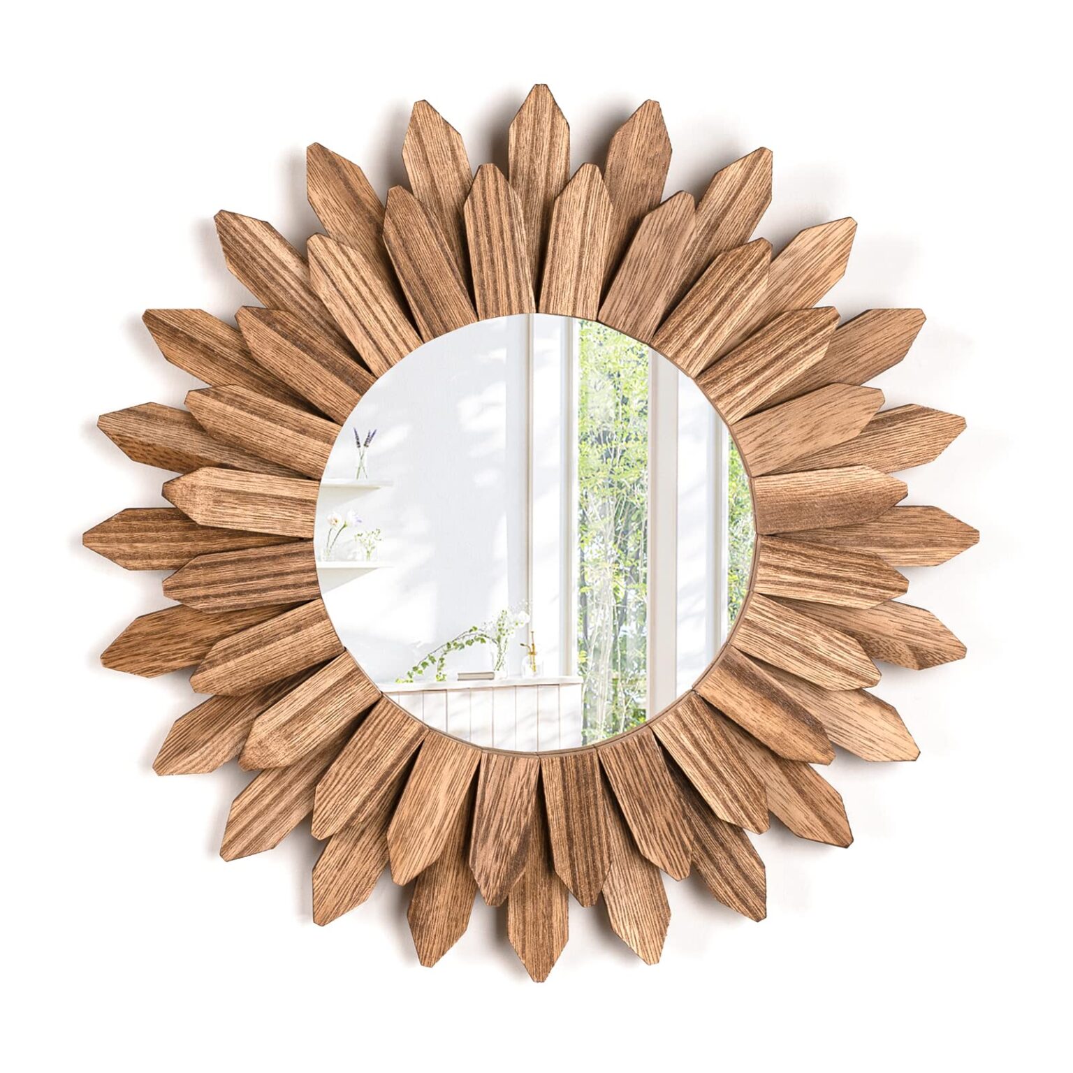 Emfogo Wall Mirror 12 inch Rustic Wood Sunburst Boho Mirror Wall Decor Home Decor for Bedroom Living Room Entryway Farmhouse