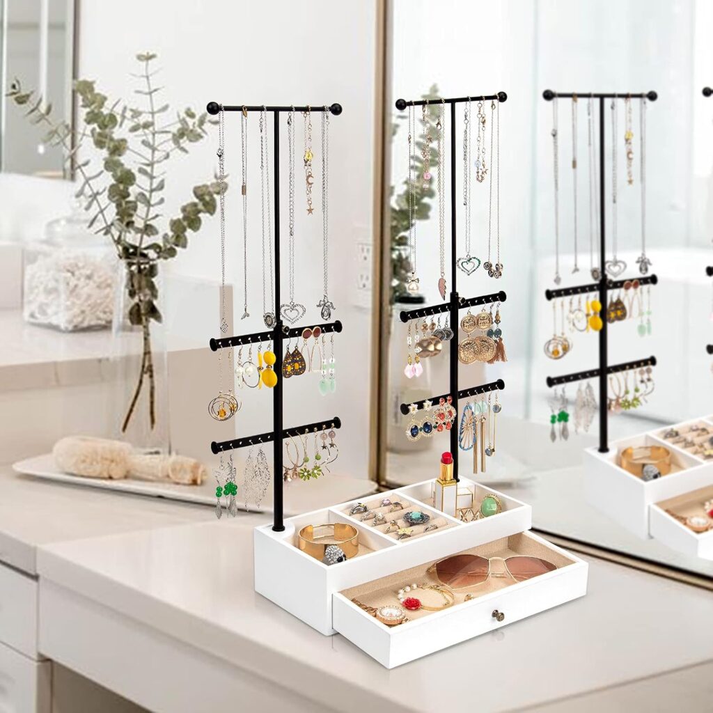 Emfogo Jewelry Organizer Stand Wood Basic Jewelry Drawer Storage Box with Double Rods & 6 Tier Jewelry Tree Stand Holder for Necklaces Bracelet Earring Ring Display