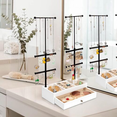 Emfogo Jewelry Organizer Stand Wood Basic Jewelry Drawer Storage Box with Double Rods & 6 Tier Jewelry Tree Stand Holder for Necklaces Bracelet Earring Ring Display