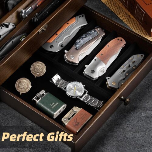 Emfogo Knife Display Case Knife Collection Display Holder with Glass Lid, 2-Layer Wooden Pocket Knife Case with Drawers