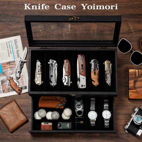 Emfogo Wooden Pocket Knife Display Case, Collector Storage Box for Men - Black, 2 Layer