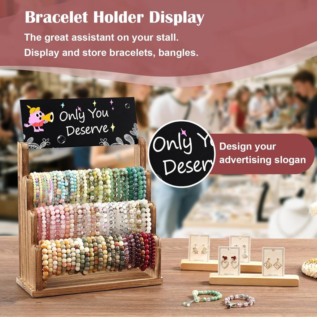 Emfogo Bracelet Holder with Advertising Board, 3 Tier Bracelet Organizer Stand Storage for Bracelets Bangles Watch Scrunchies, Rustic Wood Jewelry Display for Vendors, Craft Shows