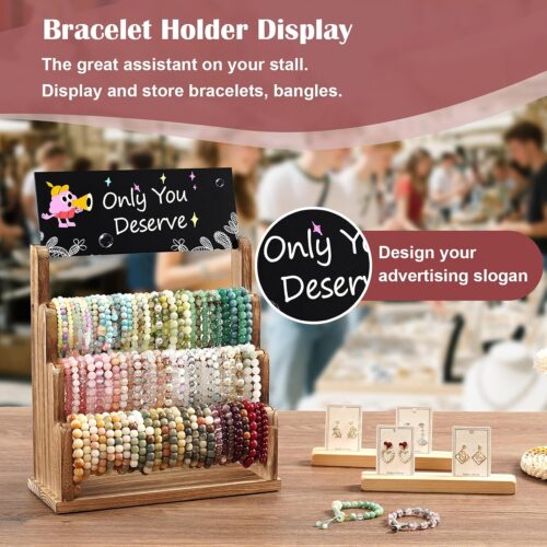 Emfogo Bracelet Holder with Advertising Board, 3 Tier Bracelet Organizer Stand Storage for Bracelets Bangles Watch Scrunchies, Rustic Wood Jewelry Display for Vendors, Craft Shows