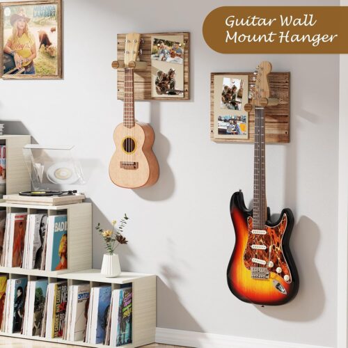 Emfogo 2 Pack Guitar Wall Mount with Memo Board - Wooden Guitar Hanger for Acoustic, Electric Guitars & Ukuleles, Display Photos & Concert Tickets, Rustic Music Wall Decor