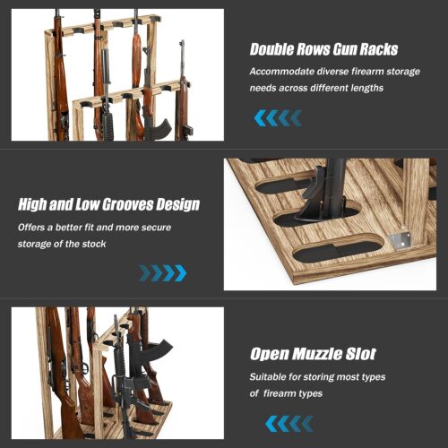 Emfogo Indoor Gun Racks, Wooden Free Standing Heavy Duty Shotgun Display Rack, Rifle Stand Organizer, 12 Rifles Storage Holder Wood Gun Rack