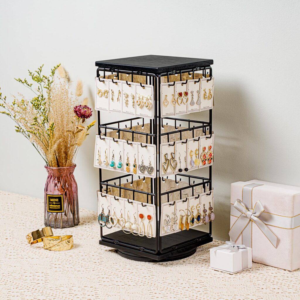 Emfogo Rotating Earring Display Stand, Wooden Jewelry Organizer - Black, 1pcs Rotating Size
