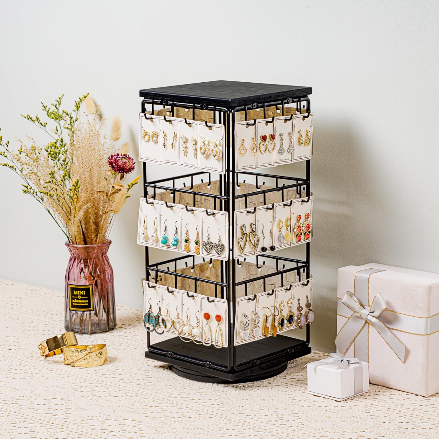 Emfogo Rotating Earring Display Stand, Wooden Jewelry Organizer - Black, 1pcs Rotating Size