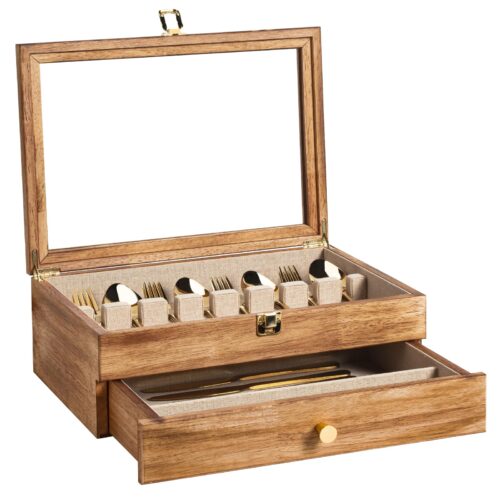 Emfogo Wooden Silverware Storage Box - 2 Layer Carbonized Black