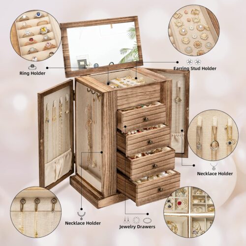 Emfogo Jewelry Box for Women, 5 Layer Large Wood Boxes & Organizers for Necklaces Earrings Rings Bracelets, Rustic Organizer with Drawers and Mirror