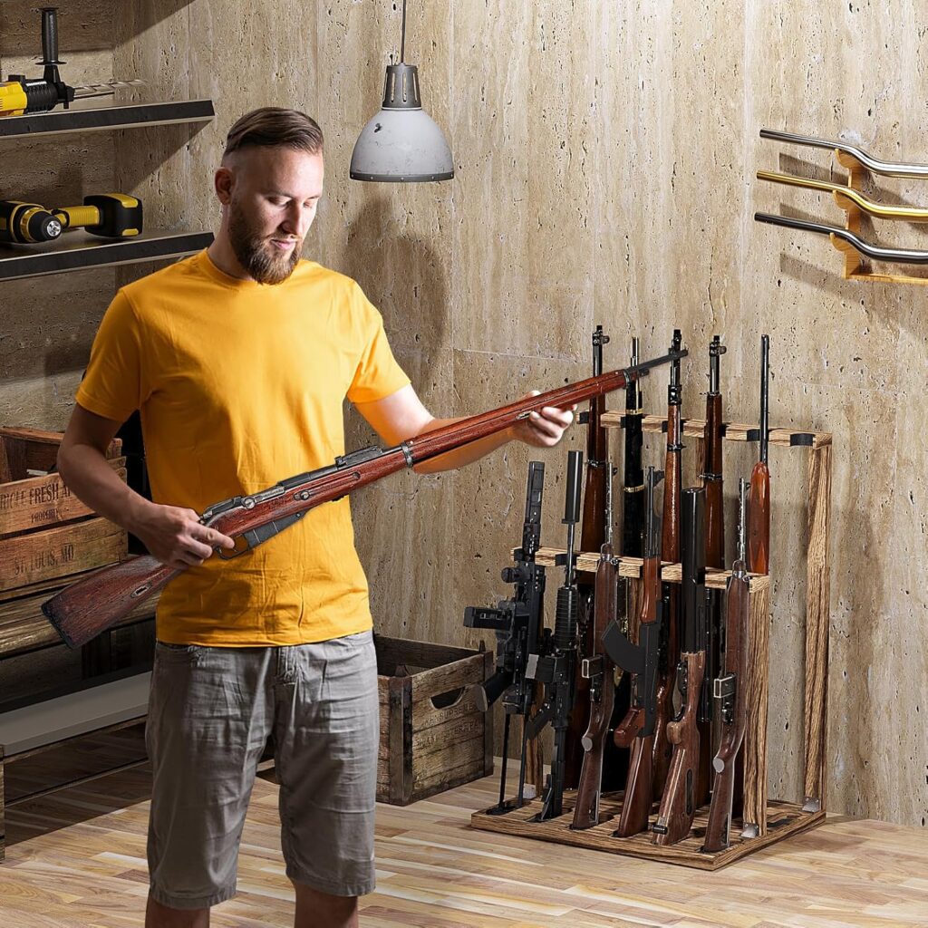 Emfogo Indoor Gun Racks, Wooden Free Standing Heavy Duty Shotgun Display Rack, Rifle Stand Organizer, 12 Rifles Storage Holder Wood Gun Rack