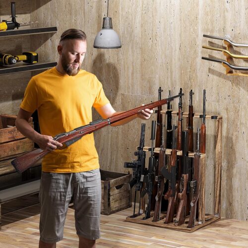 Emfogo Indoor Gun Racks, Wooden Free Standing Heavy Duty Shotgun Display Rack, Rifle Stand Organizer, 12 Rifles Storage Holder Wood Gun Rack