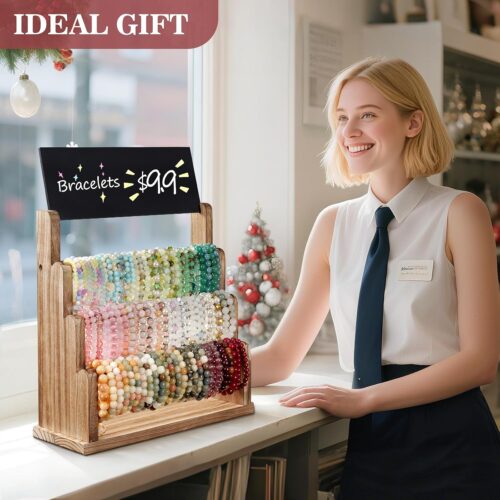 Emfogo Bracelet Holder with Advertising Board, 3 Tier Bracelet Organizer Stand Storage for Bracelets Bangles Watch Scrunchies, Rustic Wood Jewelry Display for Vendors, Craft Shows