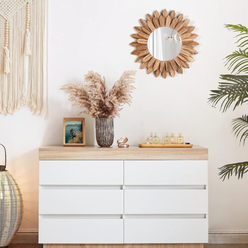 Emfogo Wall Mirror 12 inch Rustic Wood Sunburst Boho Mirror Wall Decor Home Decor for Bedroom Living Room Entryway Farmhouse