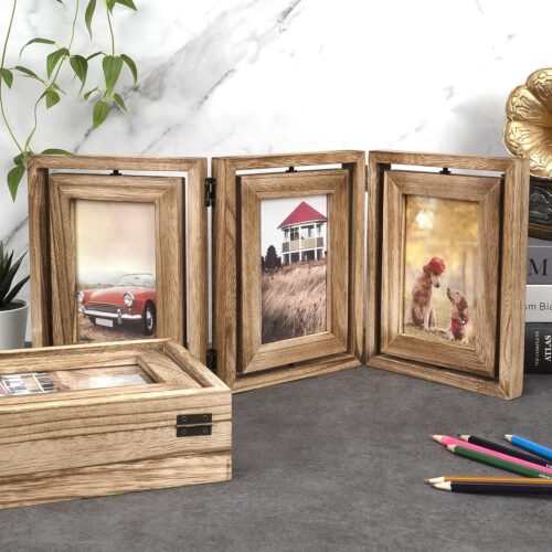Emfogo 4x6 Picture Frame Rustic Wood Hinged Folding Triple Picture Frames Collage, Double-Sided Display Rotatable High Definition Glass Photo Frame for Home TableTop