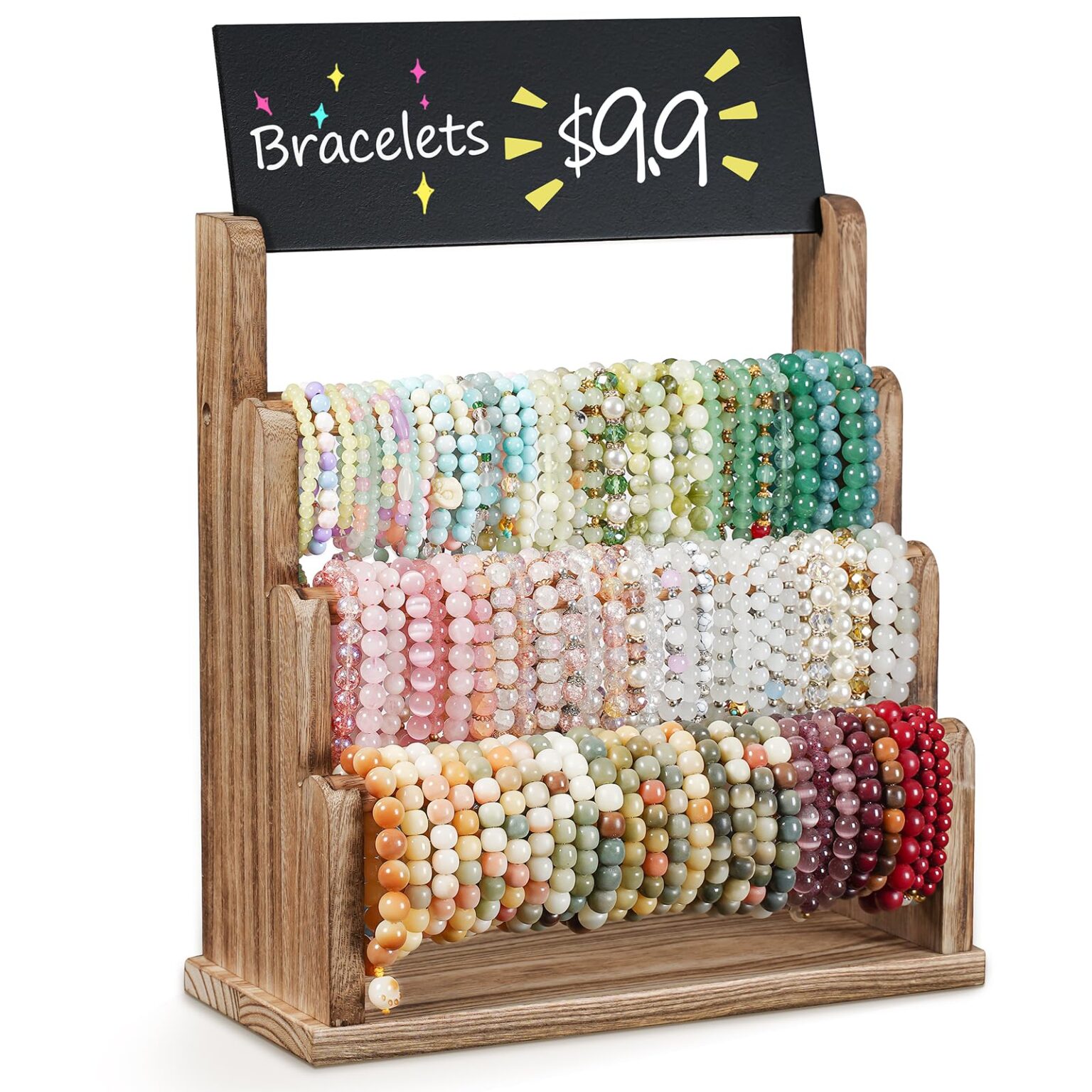 Emfogo Bracelet Holder with Advertising Board, 3 Tier Bracelet Organizer Stand Storage for Bracelets Bangles Watch Scrunchies, Rustic Wood Jewelry Display for Vendors, Craft Shows