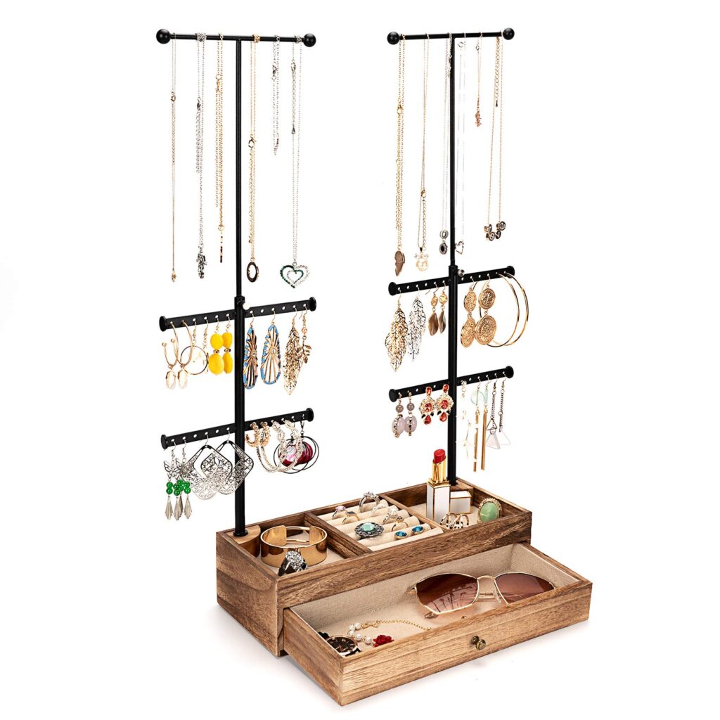 Emfogo 6 Tier Jewelry Organizer Stand, Rustic Wood & Metal Jewelry Holder, Earring Organizer with Adjustable Height Necklace Holder for Jewelry Display & Storage