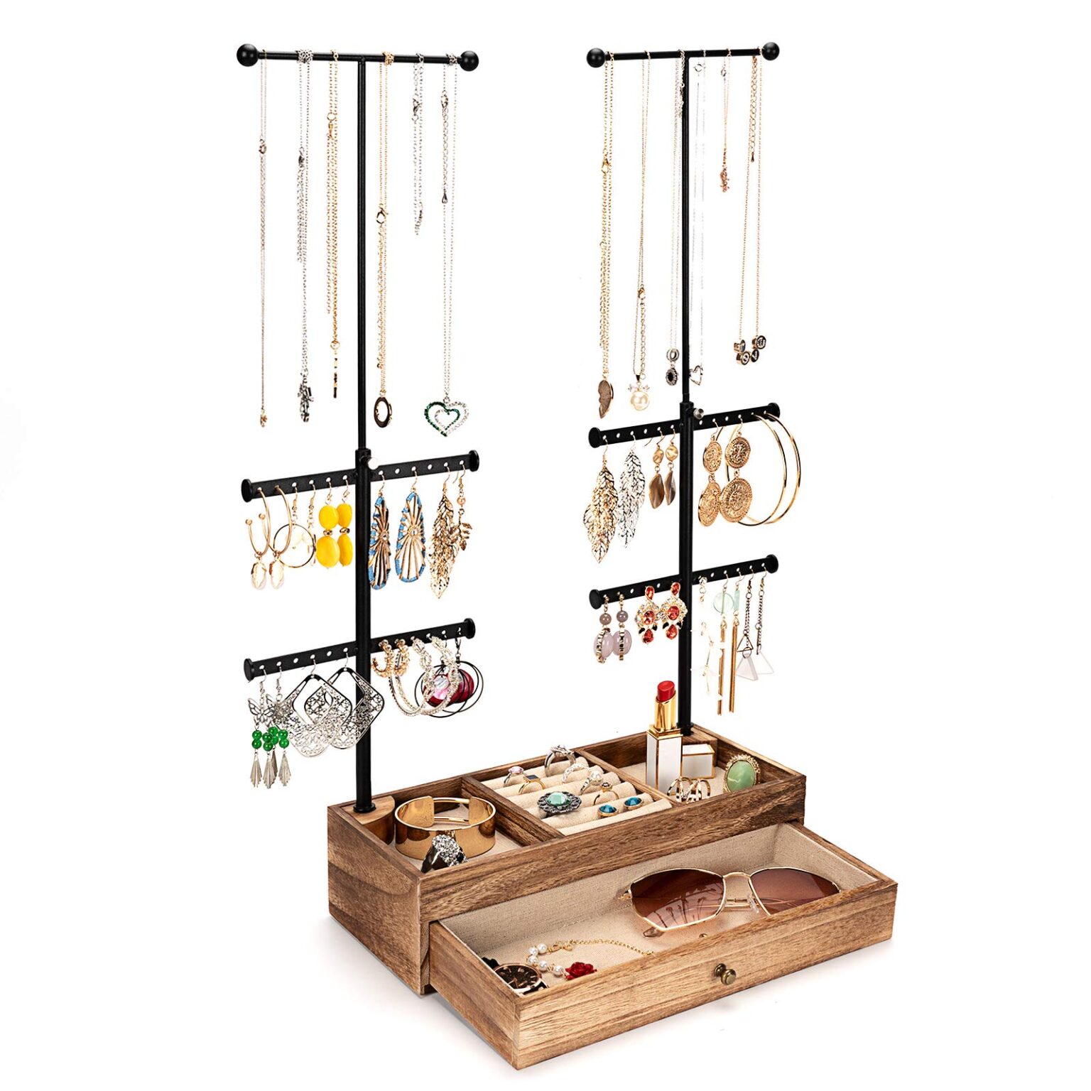 Emfogo 6 Tier Jewelry Organizer Stand, Rustic Wood & Metal Jewelry Holder, Earring Organizer with Adjustable Height Necklace Holder for Jewelry Display & Storage