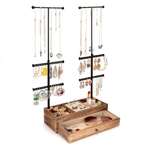Emfogo 6 Tier Jewelry Organizer Stand, Rustic Wood & Metal Jewelry Holder, Earring Organizer with Adjustable Height Necklace Holder for Jewelry Display & Storage