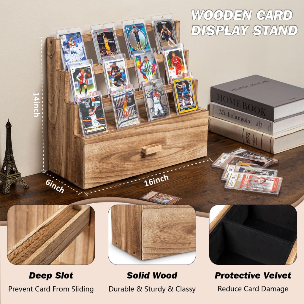 Emfogo Trading Card Display, 3-Tier Card Display Case with Custom Drawer, Wood Graded Card Display with Supporters and Dividers, Sports Card Display Case