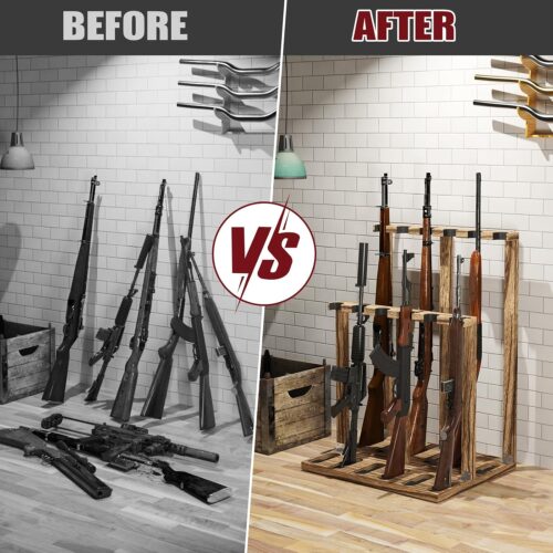Emfogo Indoor Gun Racks, Wooden Free Standing Heavy Duty Shotgun Display Rack, Rifle Stand Organizer, 12 Rifles Storage Holder Wood Gun Rack