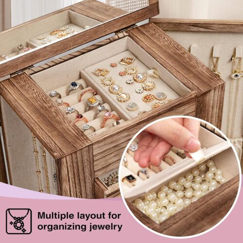Emfogo Jewelry Box for Women, 5 Layer Large Wood Boxes & Organizers for Necklaces Earrings Rings Bracelets, Rustic Organizer with Drawers and Mirror