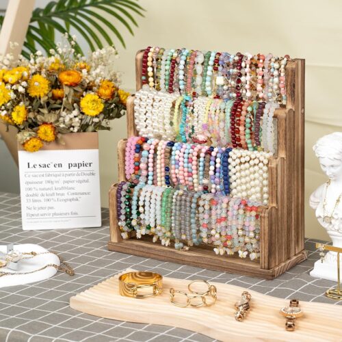 Emfogo Bracelet Holder, 4 Tier Bracelet Organizer Storage for Bracelets Bangles Watch Scrunchies, Rustic Wood Jewelry Organizer Display for Home, Vendors, Craft Shows and Store