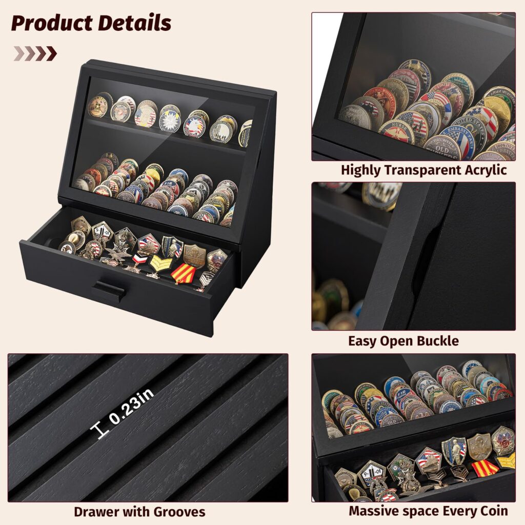 Emfogo Wooden Challenge Coin Display Stand, Collectible Coin Organizer - Black