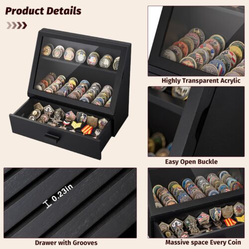 Emfogo Wooden Challenge Coin Display Stand, Collectible Coin Organizer - Black