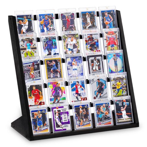 Emfogo Trading Card Display Stand, 5 Tier Sports Graded Card Display, Wooden Trading Card Display Stand for Sports Card Collection & Show, Black