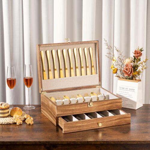 Emfogo Wooden Silverware Storage Box, Flatware Organizer for Utensils - 2 Layer Carbonized Black