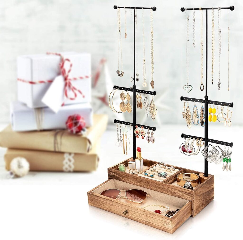 Emfogo 6 Tier Jewelry Organizer Stand, Rustic Wood & Metal Jewelry Holder, Earring Organizer with Adjustable Height Necklace Holder for Jewelry Display & Storage