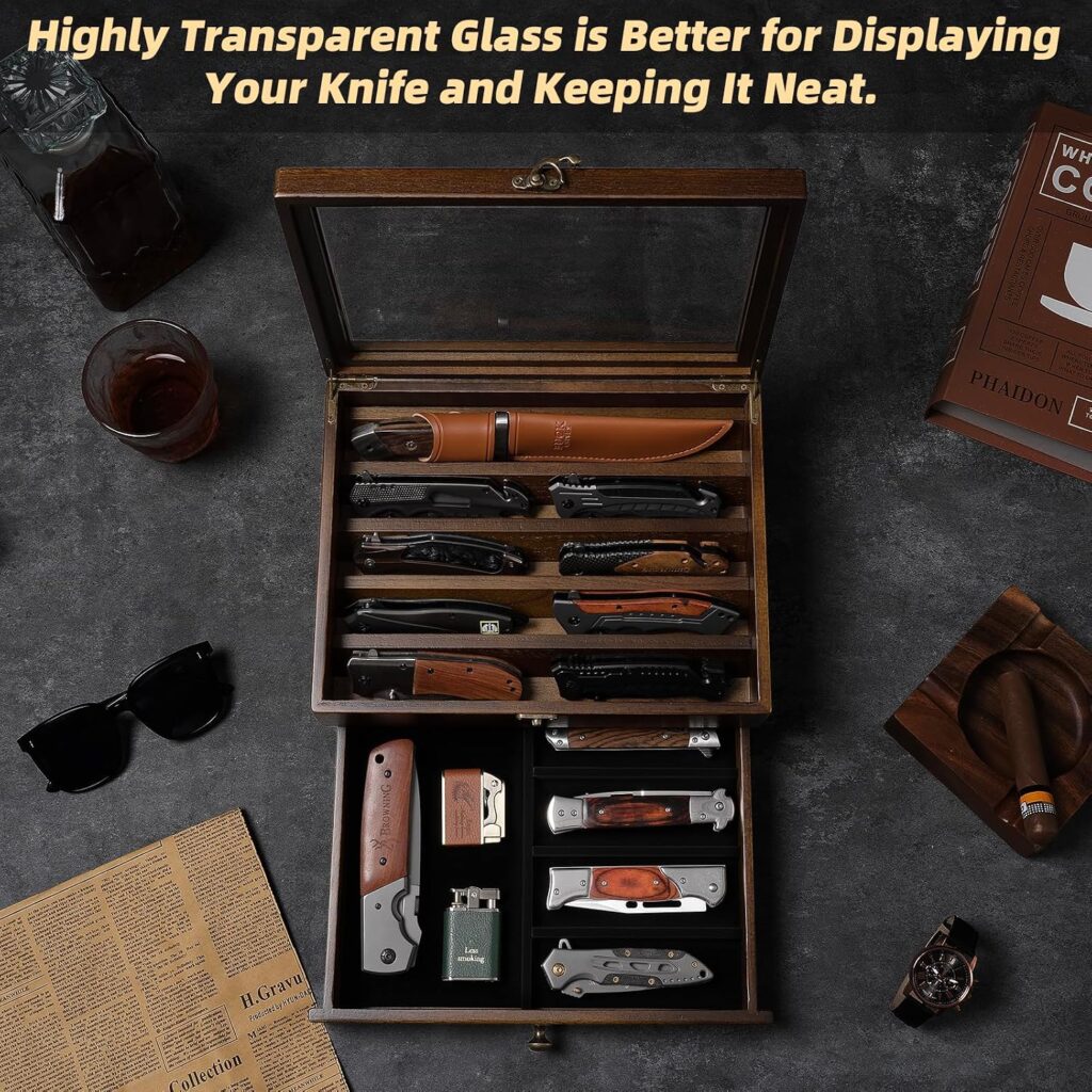 Emfogo Knife Display Case Knife Collection Display Holder with Glass Lid, 2-Layer Wooden Pocket Knife Case with Drawers