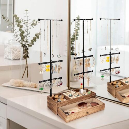 Emfogo 6 Tier Jewelry Organizer Stand, Rustic Wood & Metal Jewelry Holder, Earring Organizer with Adjustable Height Necklace Holder for Jewelry Display & Storage