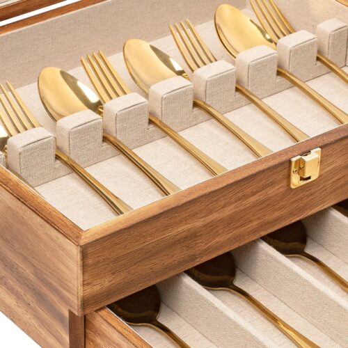 Emfogo Wooden Silverware Storage Box, Flatware Organizer for Utensils - 2 Layer Carbonized Black
