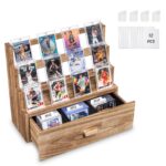 Emfogo Trading Card Display, 3-Tier Card Display Case with Custom Drawer, Wood Graded Card Display with Supporters and Dividers, Sports Card Display Case