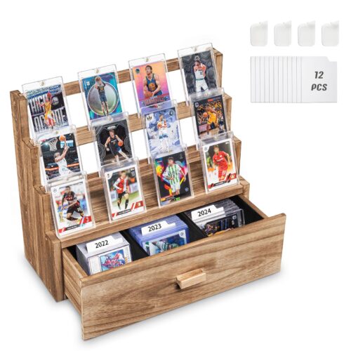 Emfogo Trading Card Display, 3-Tier Card Display Case with Custom Drawer, Wood Graded Card Display with Supporters and Dividers, Sports Card Display Case