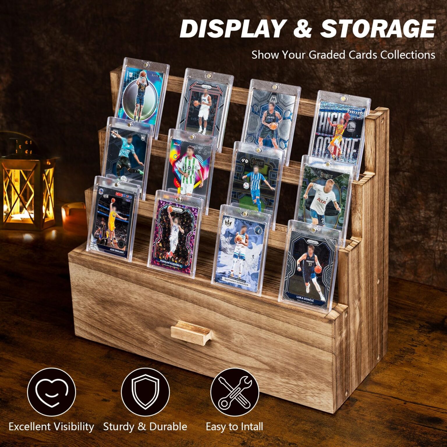 Emfogo Trading Card Display, 3-Tier Card Display Case with Custom Drawer, Wood Graded Card Display with Supporters and Dividers, Sports Card Display Case