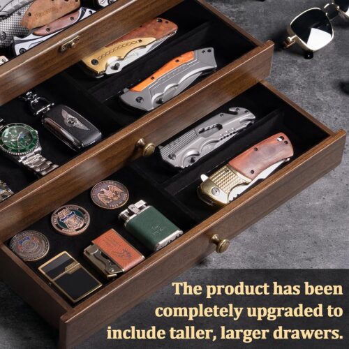 Emfogo Large Knife Display Case, 3-Tier Pocket Knife Organizer and Storage Box with Transparent Lid & Drawer, for Folding Knife and Dagger Collections, Ideal Men's Gift