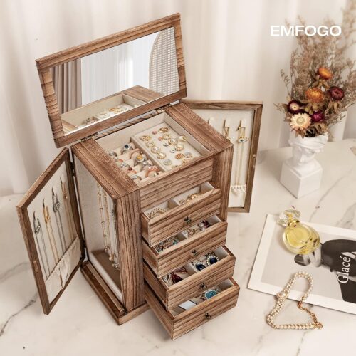 Emfogo Jewelry Box for Women, 5 Layer Large Wood Boxes & Organizers for Necklaces Earrings Rings Bracelets, Rustic Organizer with Drawers and Mirror