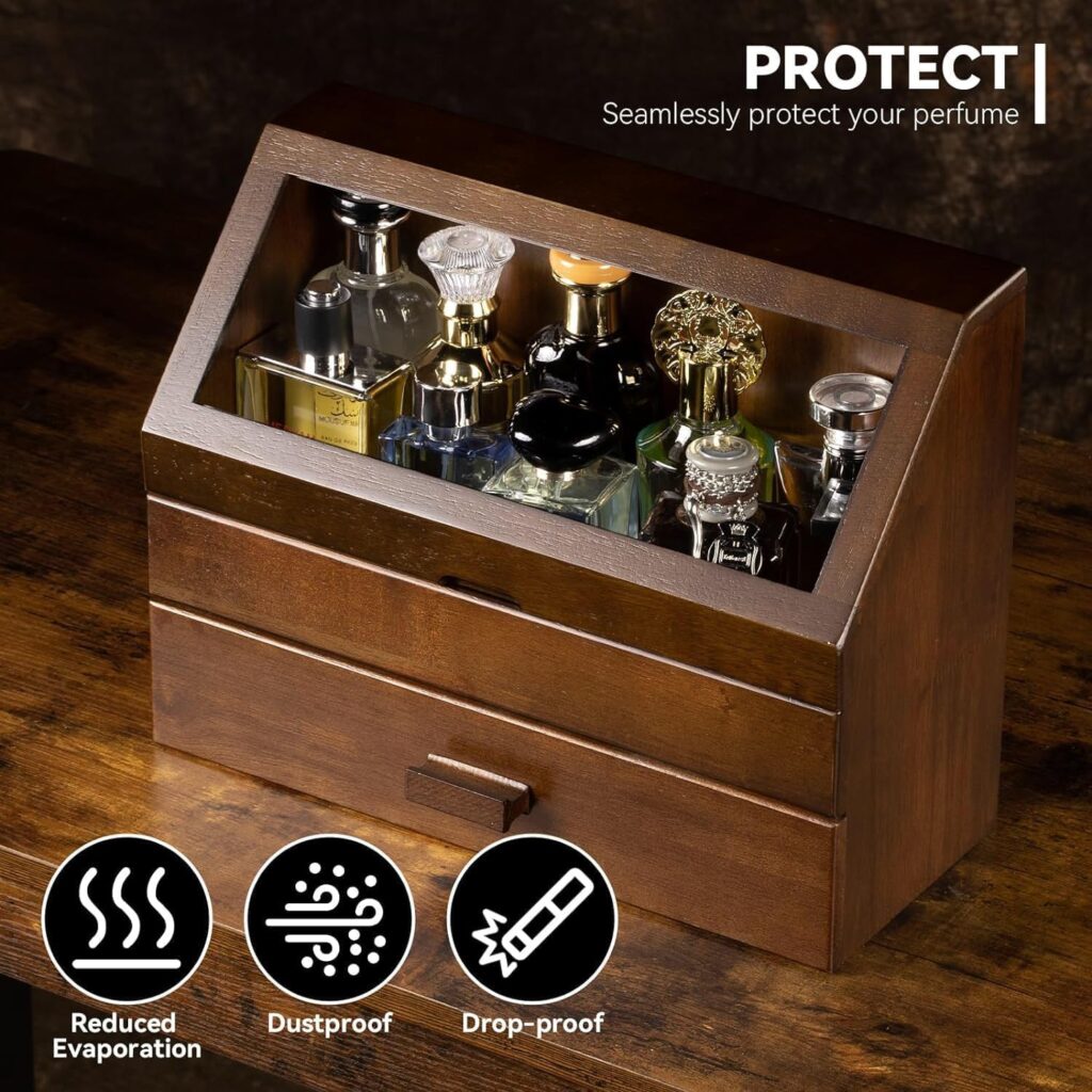 Emfogo Cologne Organizer for Men - Dustproof Stand with Drawer, Wood Perfume Stand Organizer for Dresser, Large Capacity Cologne Holder Display, Great Gift for Men