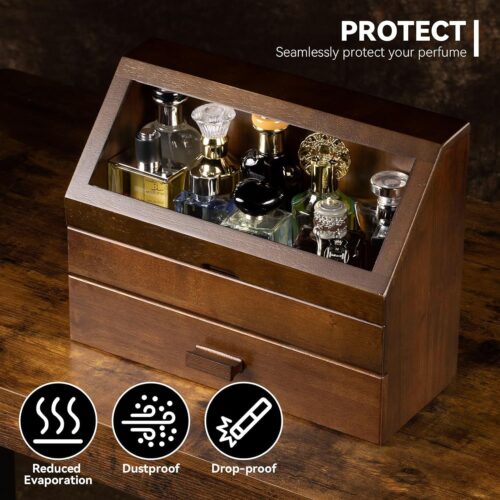 Emfogo Cologne Organizer for Men - Dustproof Stand with Drawer, Wood Perfume Stand Organizer for Dresser, Large Capacity Cologne Holder Display, Great Gift for Men