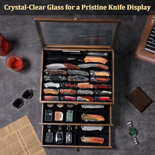 Emfogo Large Knife Display Case, 3-Tier Pocket Knife Organizer and Storage Box with Transparent Lid & Drawer, for Folding Knife and Dagger Collections, Ideal Men's Gift