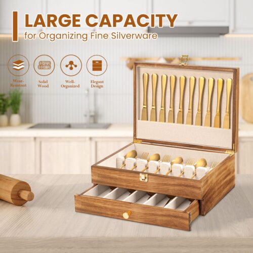 Emfogo Wooden Silverware Storage Box, Flatware Organizer for Utensils - 2 Layer Carbonized Black