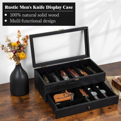 Emfogo Wooden Pocket Knife Display Case, Collector Storage Box for Men - Black, 2 Layer
